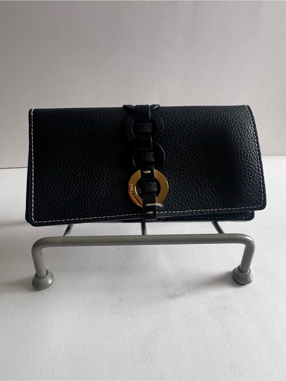 Chloe Black Leather Clutch with Gold Ring Detail